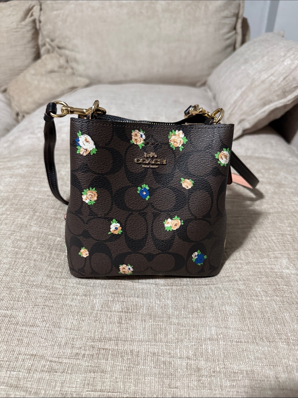 Coach Brown Signature Floral Mini Crossbody with Gold Hardware